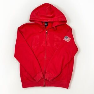 GAP Soft Oversized Full Zip Hoodie Tomato Red Size M American Flag Patch